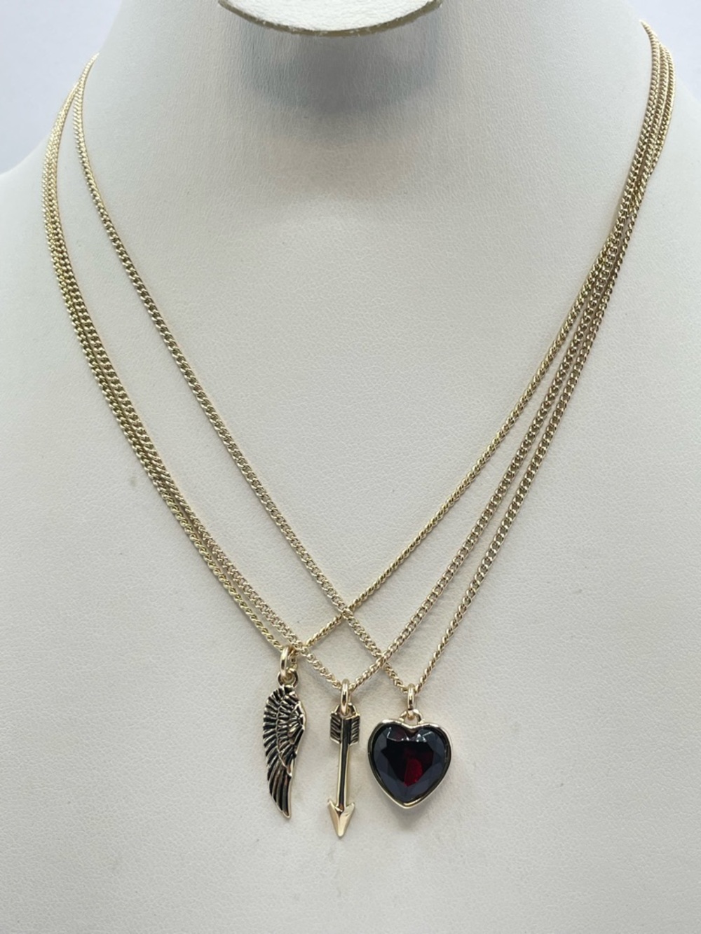 Gold Tone Layered Necklace Set Heart Arrow Wing Pendant Trio